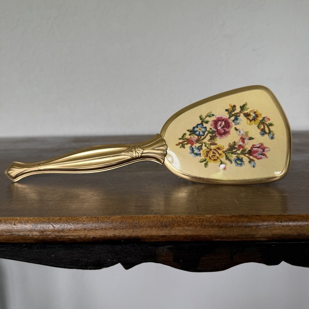Vintage Vanity Hair Brush Floral Gold Tone Ornate Flowers Hollywood Regency